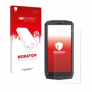 Face avant d’un emballage produit avec le logo de la marque upscreen. À côté, l’appareil Cubot Pocket est représenté avec la p