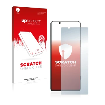 Face avant d’un emballage produit avec le logo de la marque upscreen. À côté, l’appareil Sony Xperia 5 IV est représenté avec 