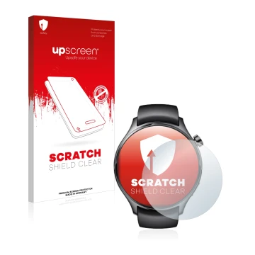 Face avant d’un emballage produit avec le logo de la marque upscreen. À côté, l’appareil Xiaomi Watch S1 Pro est représenté av