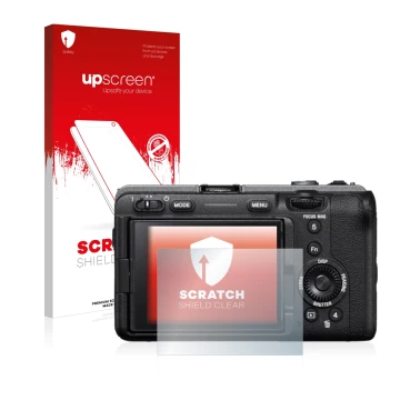 Face avant d’un emballage produit avec le logo de la marque upscreen. À côté, l’appareil Sony Alpha FX30 Cinema Line est repré