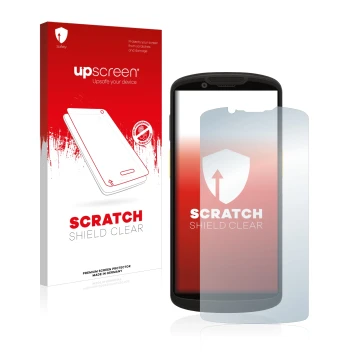 Face avant d’un emballage produit avec le logo de la marque upscreen. À côté, l’appareil Zebra TC58 est représenté avec la pro