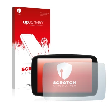 Face avant d’un emballage produit avec le logo de la marque upscreen. À côté, l’appareil TomTom GO Camper Max est représenté a