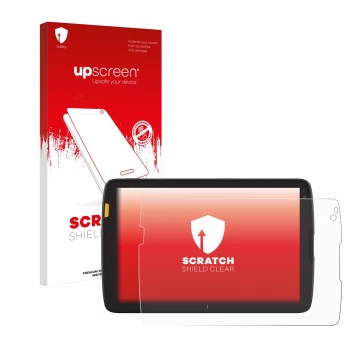Face avant d’un emballage produit avec le logo de la marque upscreen. À côté, l’appareil Zebra ET45 8