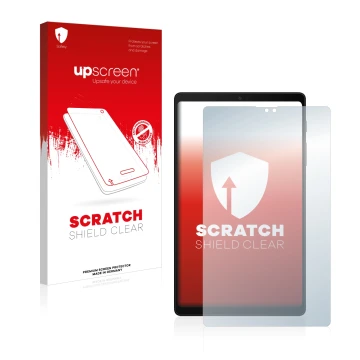 Face avant d’un emballage produit avec le logo de la marque upscreen. À côté, l’appareil Samsung Galaxy Tab A7 Lite 2022 est r