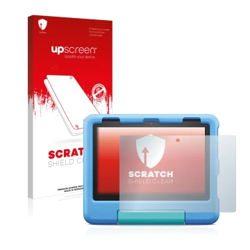 Face avant d’un emballage produit avec le logo de la marque upscreen. À côté, l’appareil Amazon Fire HD 8 Kids 2022 est représ