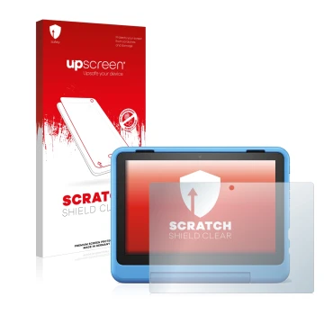 Face avant d’un emballage produit avec le logo de la marque upscreen. À côté, l’appareil Amazon Fire HD 8 Kids Pro 2022 est re