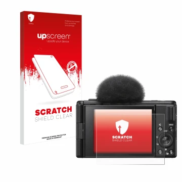Face avant d’un emballage produit avec le logo de la marque upscreen. À côté, l’appareil Sony ZV-1F est représenté avec la pro