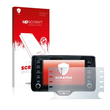 Face avant d’un emballage produit avec le logo de la marque upscreen. À côté, l’appareil Toyota Yaris Cross 8