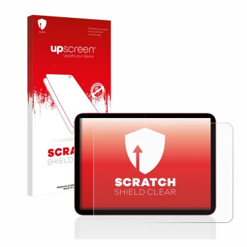 Face avant d’un emballage produit avec le logo de la marque upscreen. À côté, l’appareil Apple iPad 10.9