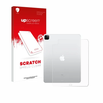 Face avant d’un emballage produit avec le logo de la marque upscreen. À côté, l’appareil Apple iPad Pro 12.9