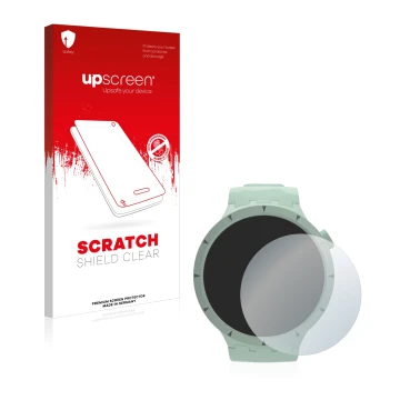 Face avant d’un emballage produit avec le logo de la marque upscreen. À côté, l’appareil Swatch Big Bold Bioceramic est représ