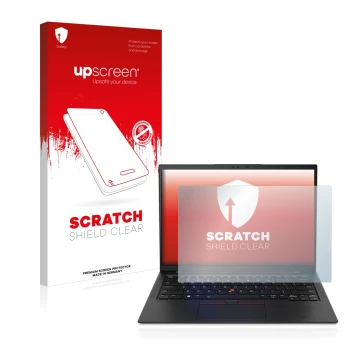 Face avant d’un emballage produit avec le logo de la marque upscreen. À côté, l’appareil Lenovo ThinkPad X1 Carbon Touch 14