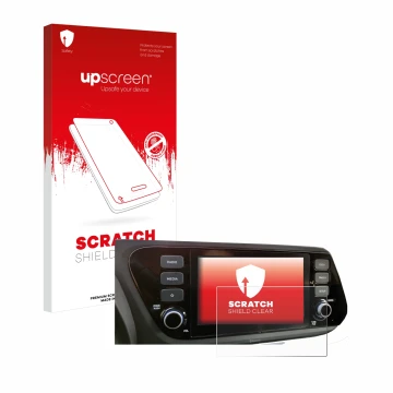 Face avant d’un emballage produit avec le logo de la marque upscreen. À côté, l’appareil Hyundai i20 2020 8