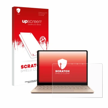 Face avant d’un emballage produit avec le logo de la marque upscreen. À côté, l’appareil Microsoft Surface Laptop Go 2 Busines