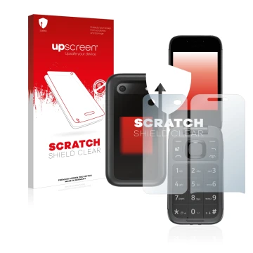 Face avant d’un emballage produit avec le logo de la marque upscreen. À côté, l’appareil Nokia 2660 Flip (Avant+Arrière) est r