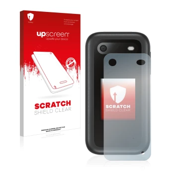 Face avant d’un emballage produit avec le logo de la marque upscreen. À côté, l’appareil Nokia 2660 Flip (Arrière) est représe