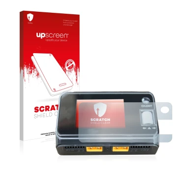 Face avant d’un emballage produit avec le logo de la marque upscreen. À côté, l’appareil ToolkitRC M6D Dual Charger est représ