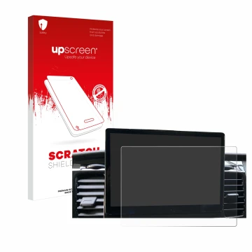 Face avant d’un emballage produit avec le logo de la marque upscreen. À côté, l’appareil Ford Transit SYNC 4 est représenté av