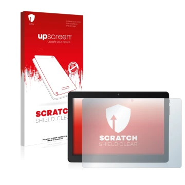Face avant d’un emballage produit avec le logo de la marque upscreen. À côté, l’appareil Acepad A145 10.1
