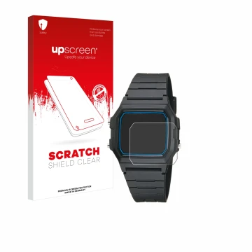 Face avant d’un emballage produit avec le logo de la marque upscreen. À côté, l’appareil Casio F-105W-1AWYEF est représenté av