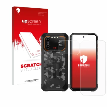 Face avant d’un emballage produit avec le logo de la marque upscreen. À côté, l’appareil iiiF150 B1 Pro (Avant+Caméra) est rep