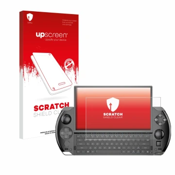 Face avant d’un emballage produit avec le logo de la marque upscreen. À côté, l’appareil GPD Win 4 est représenté avec la prot