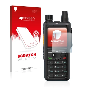 Face avant d’un emballage produit avec le logo de la marque upscreen. À côté, l’appareil Hytera HP 685 est représenté avec la 