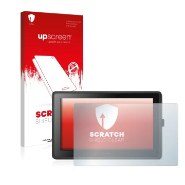 Face avant d’un emballage produit avec le logo de la marque upscreen. À côté, l’appareil Wacom Cintiq 22 est représenté avec l