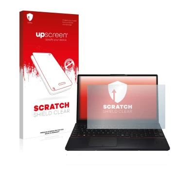 Face avant d’un emballage produit avec le logo de la marque upscreen. À côté, l’appareil Fujitsu Lifebook E5512 est représenté