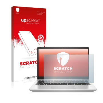 Face avant d’un emballage produit avec le logo de la marque upscreen. À côté, l’appareil HP ProBook 440 G9 est représenté avec