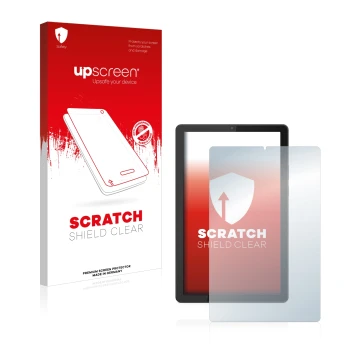 Face avant d’un emballage produit avec le logo de la marque upscreen. À côté, l’appareil Lenovo Tab M9 est représenté avec la 