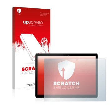 Face avant d’un emballage produit avec le logo de la marque upscreen. À côté, l’appareil Pritom M10 10.1