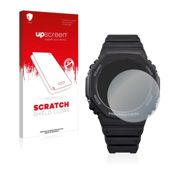 Face avant d’un emballage produit avec le logo de la marque upscreen. À côté, l’appareil Casio G-Shock GA-B2100 est représenté