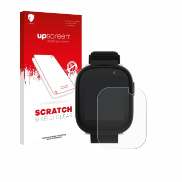 Face avant d’un emballage produit avec le logo de la marque upscreen. À côté, l’appareil Xplora X6 Play 2022 (1ère génération)