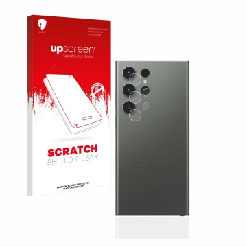Face avant d’un emballage produit avec le logo de la marque upscreen. À côté, l’appareil Samsung Galaxy S23 Ultra (Caméra UNIQ