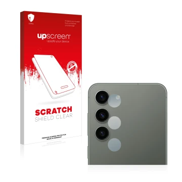 Face avant d’un emballage produit avec le logo de la marque upscreen. À côté, l’appareil Samsung Galaxy S23 Plus (Caméra UNIQU