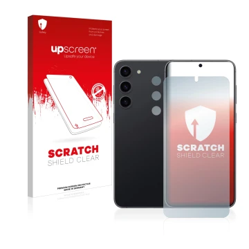 Face avant d’un emballage produit avec le logo de la marque upscreen. À côté, l’appareil Samsung Galaxy S23 Plus (Avant+Caméra