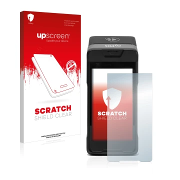 Face avant d’un emballage produit avec le logo de la marque upscreen. À côté, l’appareil myPOS Carbon est représenté avec la p