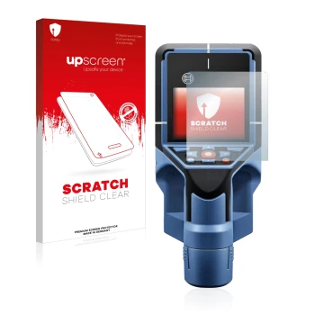 Face avant d’un emballage produit avec le logo de la marque upscreen. À côté, l’appareil Bosch D-tect 200 C Wallscanner est re