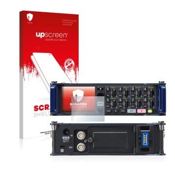 Face avant d’un emballage produit avec le logo de la marque upscreen. À côté, l’appareil Zoom F8 field recorder est représenté