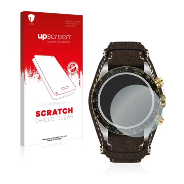 Face avant d’un emballage produit avec le logo de la marque upscreen. À côté, l’appareil Tudor Black Bay Chrono 41mm est repré