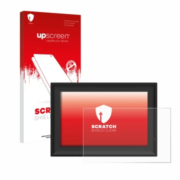 Face avant d’un emballage produit avec le logo de la marque upscreen. À côté, l’appareil Yenock Digitaler Bilderrahmen 10.1 Zo