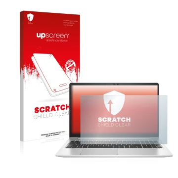 Face avant d’un emballage produit avec le logo de la marque upscreen. À côté, l’appareil HP EliteBook 650 G9 est représenté av