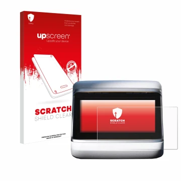 Face avant d’un emballage produit avec le logo de la marque upscreen. À côté, l’appareil Tesla Model X Plaid 2023 (Affichage a