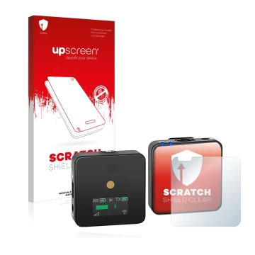 Face avant d’un emballage produit avec le logo de la marque upscreen. À côté, l’appareil Rode Wireless GO II est représenté av