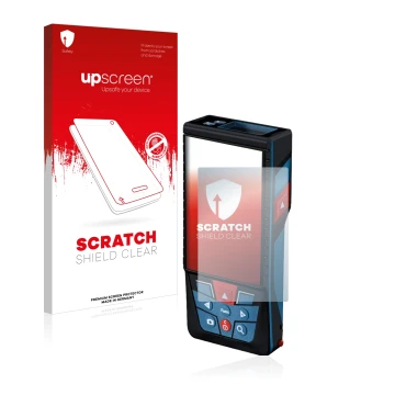 Face avant d’un emballage produit avec le logo de la marque upscreen. À côté, l’appareil Bosch GLM 150-27c est représenté avec
