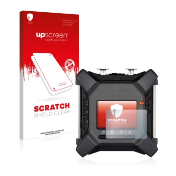 Face avant d’un emballage produit avec le logo de la marque upscreen. À côté, l’appareil Zoom F3 field recorder est représenté