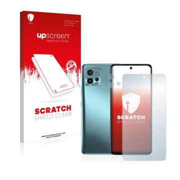 Face avant d’un emballage produit avec le logo de la marque upscreen. À côté, l’appareil Motorola Moto G72 (Avant+Caméra) est 