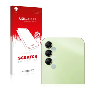 Face avant d’un emballage produit avec le logo de la marque upscreen. À côté, l’appareil Samsung Galaxy A14 5G (Caméra UNIQUEM