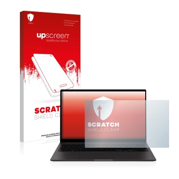 Face avant d’un emballage produit avec le logo de la marque upscreen. À côté, l’appareil Samsung Galaxy Book2 15.6